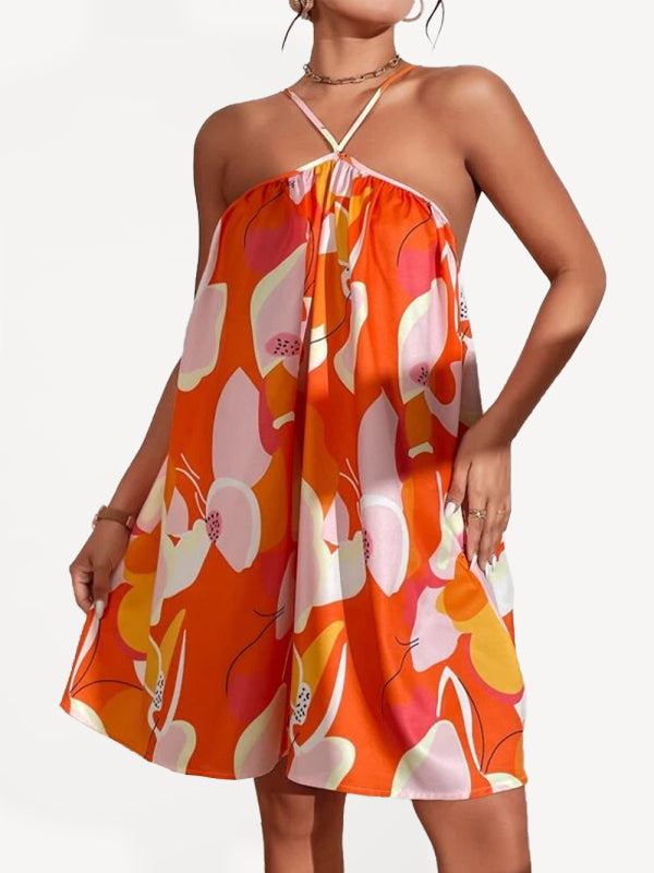 Women's Tropical Print Halter Neck Mini A-line Dress