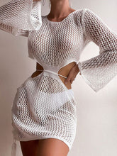 Women's Solid Color Cutout Long Sleeve Open Knit Cover-up Dress