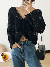Long-sleeved mesh summer top drawstring hollow V-neck blouse thin section