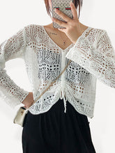 Long-sleeved mesh summer top drawstring hollow V-neck blouse thin section