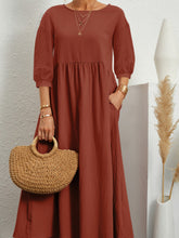 Solid color fashion lantern sleeve loose cotton linen pocket dress