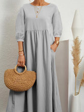 Solid color fashion lantern sleeve loose cotton linen pocket dress