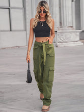 Women's Color Belted High Waist Utility Cargo Pants