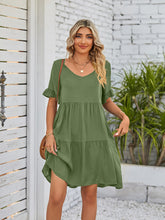 Women's Solid Color V-neck Tiered Ruffle Mini Dress