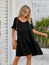 Women's Solid Color V-neck Tiered Ruffle Mini Dress