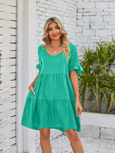Women's Solid Color V-neck Tiered Ruffle Mini Dress