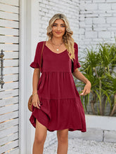 Women's Solid Color V-neck Tiered Ruffle Mini Dress