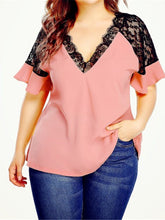 Large size V-neck short-sleeved women's stitching lace solid color top