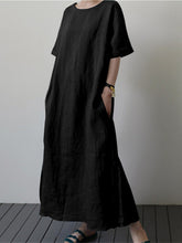 Women's Cotton Linen Loose Solid Color Short Sleeve Belt Slit Dress
