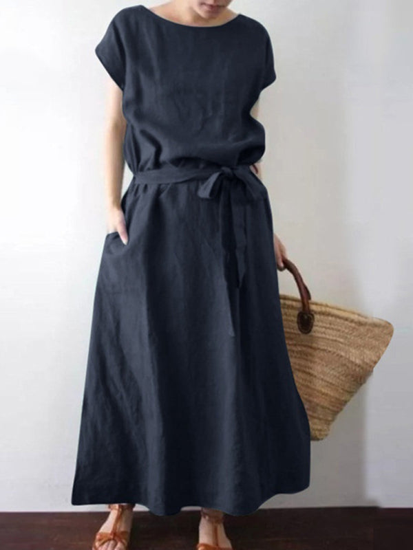 Women's Short Sleeve Round Neck Solid Color Cotton Linen Belt Long Dress
