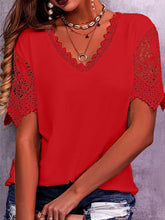 Women's Solid Color Lace Trim Short Sleeve Media Top
