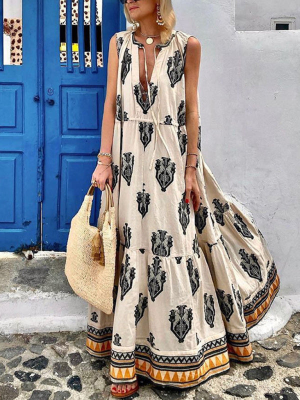 Women's Sleeveless Midi Bohemian Print Dress