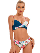 Women's Media Solid Color With Floral Print Split Bikini Top And Matching Buttom Swimming Set