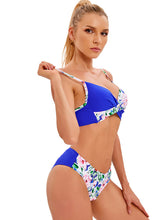 Women's Media Solid Color With Floral Print Split Bikini Top And Matching Buttom Swimming Set