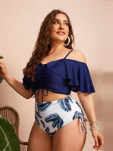 Plus Size Women-Drawstring Ruffle Bikini One Shoulder Strap High Waist Swimsuit Set
