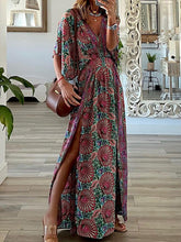 Women's V Neck Short Sleeve Loose Bohemian Print Midi Dress