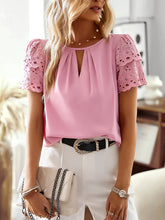 Women's solid color temperament elegant stitching lace sleeve short-sleeved top