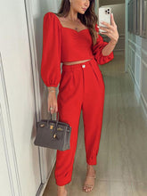 Women's OL temperament solid color square collar top high waist trousers two-piece set