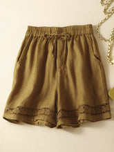 Women's woven cotton linen hollow lace loose shorts
