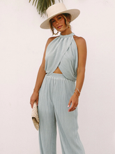Women's Midsummer Cool Suit Halter Neck Backless Thin Hole Vest + Casual Wide-Leg Pants