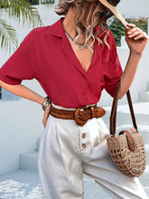 Women's woven solid color retro lapel loose short-sleeved shirt