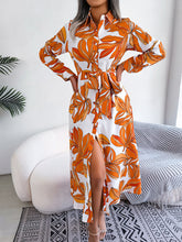 Women's Abstract Floral Print Long Sleeve Belted Shirtdress