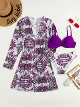 Women's High Waist Printed Three Piece Bikini With Mesh Cape Split Cover-up