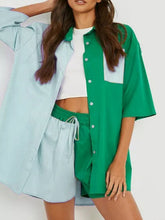Women's Color Block Button-Front Shirt With Matching Shorts