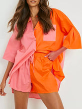 Women's Color Block Button-Front Shirt With Matching Shorts