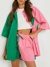 Women's Color Block Button-Front Shirt With Matching Shorts