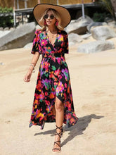 Women's printed short-sleeved V-neck pullover irregular beach dress
