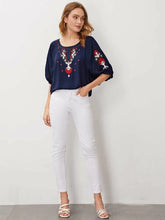 Women's Vintage Floral Embroidery Short Sleeve Top