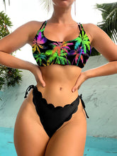 Women's Coconut Tree Print Laser Cut Bikini Top With Matching Flower Petals Pattern Bottom Split Bikini Set