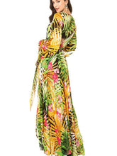 Women's Lantern Sleeve V Neck Tie Leaf Print Swing Dress