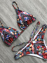 Women's floral multi-rope hollow tie split bikini swimsuit