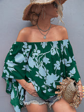 Women's Off Shoulder Irregular Trumpet Sleeve Printed Top