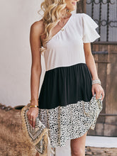Women's Casual Fashion One Shoulder Color Contrast Stitching Leopard Print Dress