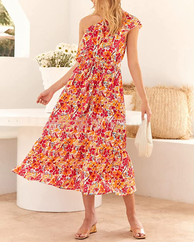 One Shoulder Dress Sleeveless Casual Bohemian Print Dress