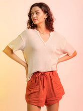Women'sSolid color V-neck waffle short sleeve top