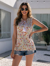 Bohemian floral V-neck lace-up fungus collar sleeveless pullover shirt