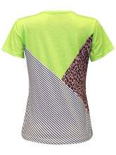 Women's knitted casual color contrast stitching leopard print short-sleeved T-shirt