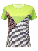 Women's knitted casual color contrast stitching leopard print short-sleeved T-shirt