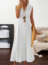 Women's casual lapel collar sleeveless cotton and linen mid-length dress