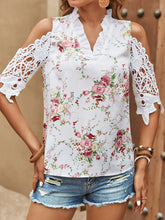 Elegant lace long-sleeved commuter OL printed female fungus V-neck shirt