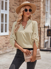 Women's Casual V Neck Solid Color Loose Rolled Long Sleeve Top