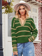 Women's new fashion patchwork striped sweater lapel loose large size sweater
