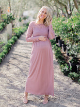 Women’s Lace Adorned Neckline And Long Sleeves Maxi Maternity Dress
