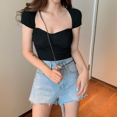 Women's generous square collar solid color short top slim fit thin short-sleeved sweater summer